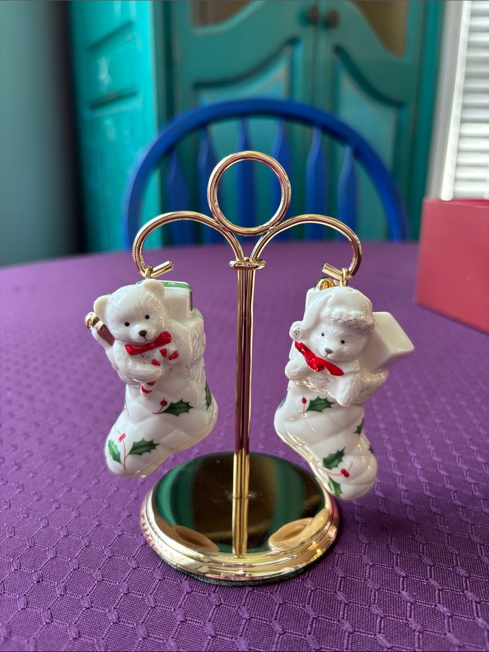 Lenox “Holiday” Stocking Salt & Pepper shakers with stand